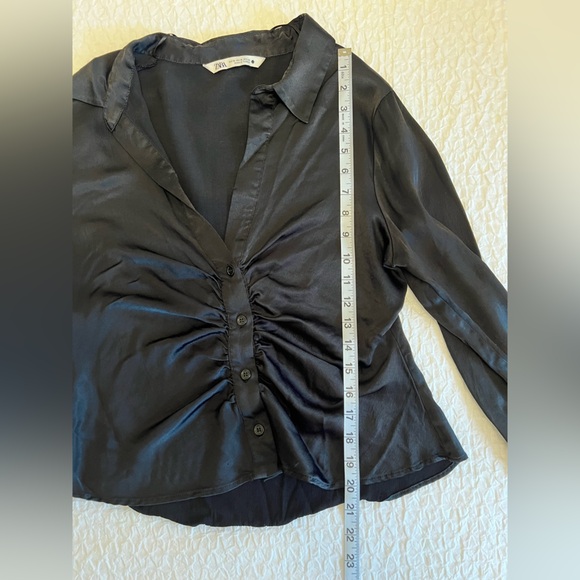 ZARA Women | Black | Fitted Satin Effect Ruched Shirt - Picture 6 of 9